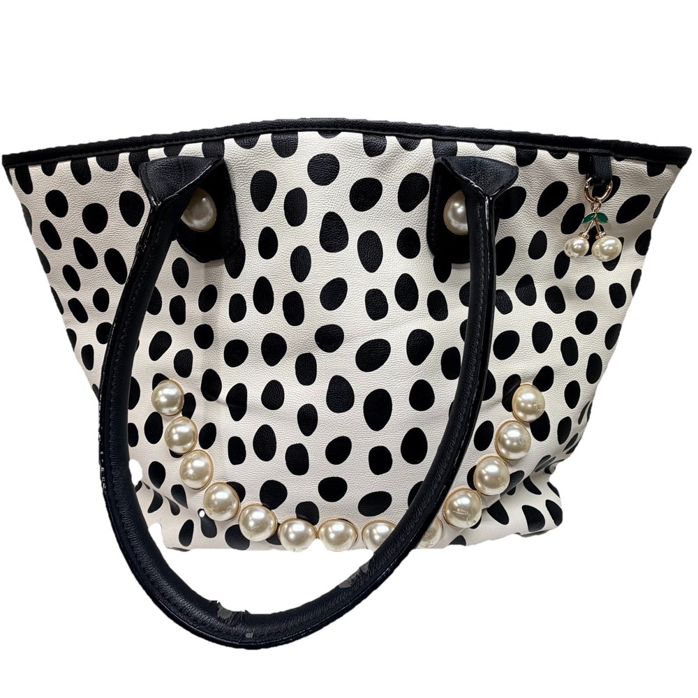 Betsey Johnson Polka Dot Tote Bag Y2K Coquette Pearl Charm Black White Large